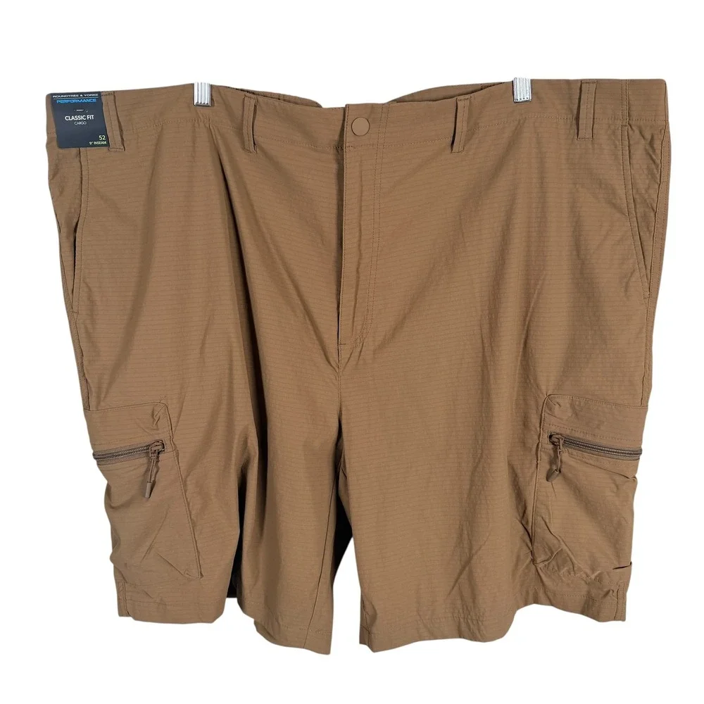 Roundtree & Yorke Performance Cargo Shorts Mens‎ 52 Brown Ripstop 9 Inseam NEW
